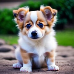 photo of cute chihua puppy sitting on green grass in the park