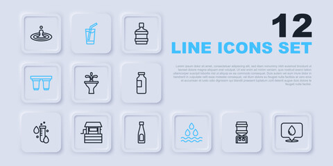 Set line Water cooler, drop with location, Fountain, filter cartridge, Well, Glass water and Bottle of icon. Vector