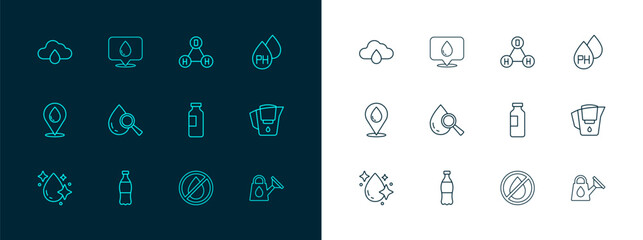 Set line Water drop, Bottle of water, forbidden, Drop and magnifying glass, Chemical formula H2O, Cloud with rain and location icon. Vector