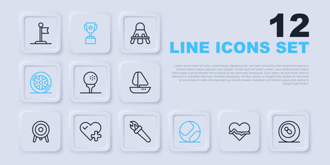 Set line Heart rate, Billiard pool snooker ball, Golf on tee, Baseball, Car wheel, Award cup and Torch flame icon. Vector
