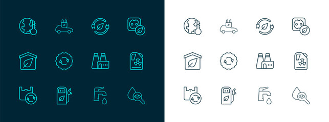 Set line Electrical outlet, Petrol or gas station, Factory production, Water tap, Recycle symbol, saving plug in leaf, Earth melting global warming and car icon. Vector