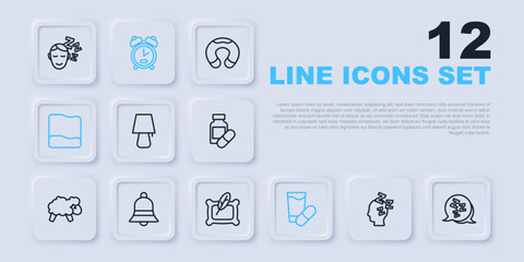 Set line Dreams, Sleepy, Table lamp, Sleeping pill, Pillow, Ringing bell, Alarm clock and icon. Vector