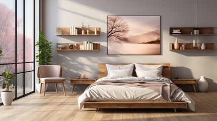 Fototapeta na wymiar Modern bedroom interior with pink accents and wooden furniture