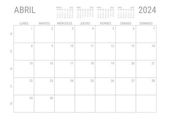 Abril Calendario 2024 Mensual para imprimir con numero de semanas A4 - obrazy, fototapety, plakaty