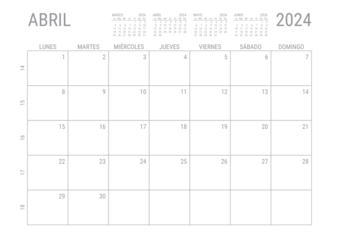 Fotobehang Abril Calendario 2024 Mensual para imprimir con numero de semanas A4 © SelfPublishing201