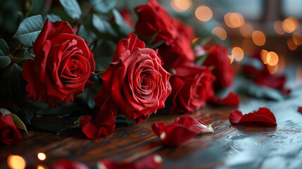 Red Roses with Petals and Bokeh Lights