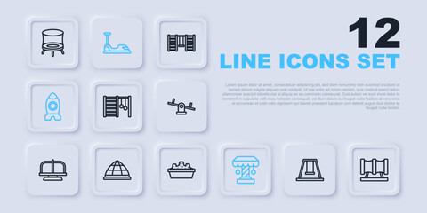 Set line Swing for kids, Kid playground slide pipe, Swedish wall, Attraction carousel, Rocket ship toy, Playground climbing equipment, Bumper and Sandbox with sand icon. Vector