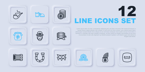 Set line Pot of gold with rainbow, Mustache, Leprechaun, Medal clover, coins, Horseshoe, boot and Carnival garland flags icon. Vector