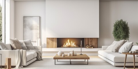 Modern white living room with wooden accents featuring a sleek fireplace and sofa.