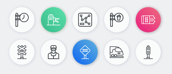 Set line Railroad crossing, Train ticket, High-speed train, Cafe and restaurant location, Railway map, traffic light and conductor icon. Vector