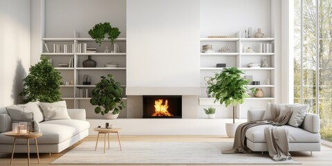 Contemporary living room with white decor, large windows, Scandinavian sofa, fireplace, shelving, and plants.