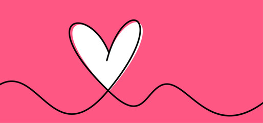 Single white heart continuous wavy line art drawing on pink background.