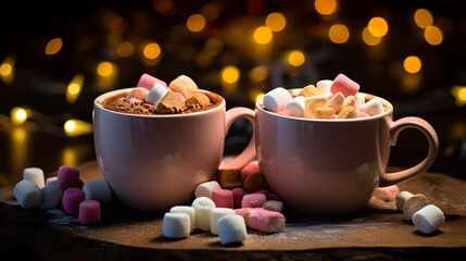 Two cups of hot chocolate, cocoa or warm drink with marshmallows. Neural network AI generated art