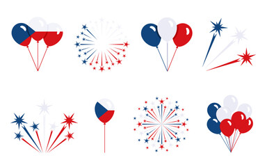 Round firework and bundle of balloons icon set of czech flag colors. Vector clipart, illustration of national holidays and festive event in Czech Republic, flat sign or symbol for web design.