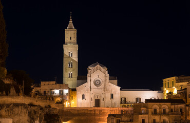View of Cathedral of Sassi di Matera by night, Basilicata, Italy