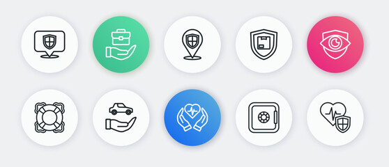 Set line Life insurance, Shield and eye, Lifebuoy, Safe, Delivery security with shield, Location, and Car icon. Vector