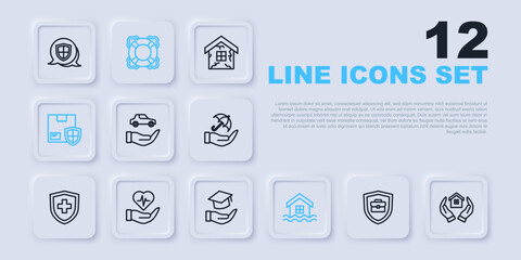 Set line Briefcase with shield, House in hand, Car insurance, flood, Delivery security, Life, Lifebuoy and Education grant icon. Vector