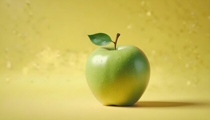 Green Apple Balanced on a Finger on a yellow background with copy space  3d rendered 3d illustration  created with generative ai