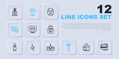 Set line Cream or lotion cosmetic tube, Bar of soap, Smiling lips, Shaving razor, Sunscreen cream, Acne, and Human hair follicle icon. Vector