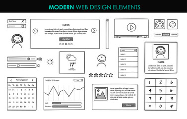 Set modern design elements page template. Website UI UX design hand drawn wire frames. Web elements with navigation, buttons, icons for use on the site. Vector illustration.