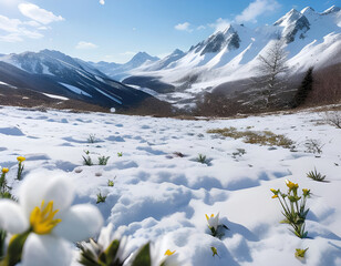 Zimowy krajobraz gór. Wczesne wiosenne kwiaty  - obrazy, fototapety, plakaty