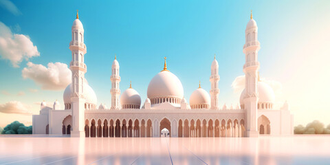 Obraz premium Background with a 3D model of a mosque in white and blue sky