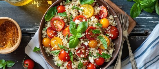 Healthy quinoa salad with tomatoes, mint, and a drink, photographed from above.