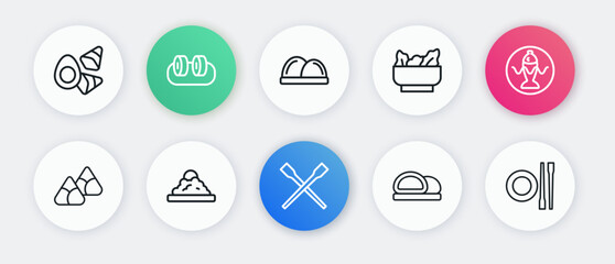 Set line Food chopsticks, Served fish on a plate, Zongzi in bamboo steamer, Sushi, Wonton, with and Rice bowl icon. Vector