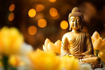 Buddha statue with lotuses and candles against golden bokeh background