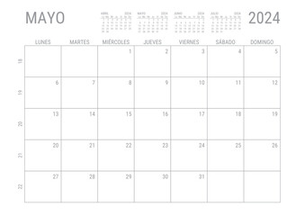 Mayo Calendario 2024 Mensual para imprimir con numero de semanas A4