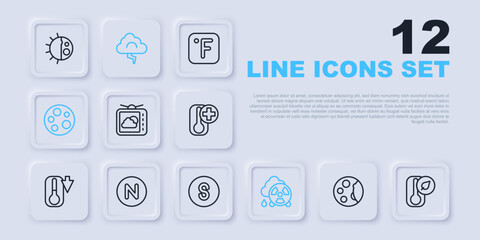 Set line Moon phases, Thermometer, Weather forecast, Acid rain radioactive cloud, Compass north, Cloud and lightning and south icon. Vector