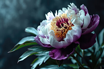 A white and purple flower with green leaves.