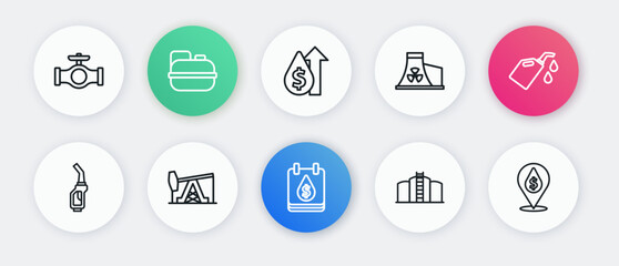 Set line Oil drop with dollar symbol, Canister for motor machine oil, Gasoline pump nozzle, tank storage, Nuclear power plant, price increase, and jack icon. Vector