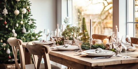 Christmas-themed artistic arrangement with a rustic wooden picture frame, vase of pine tree branches, and a coffee-filled festive dinner table in a Scandinavian-style home. - obrazy, fototapety, plakaty