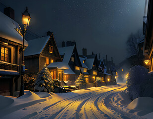 Osiedla starych domów jednorodzinnych w zimowej, świąteczny nastrój w nocnej scenerii. Ulica oświetlona starymi lampami - obrazy, fototapety, plakaty