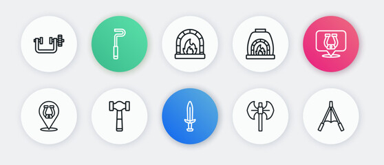 Set line Medieval sword, Horseshoe, poleaxe, Blacksmith oven, Air blower bellows and Hammer icon. Vector