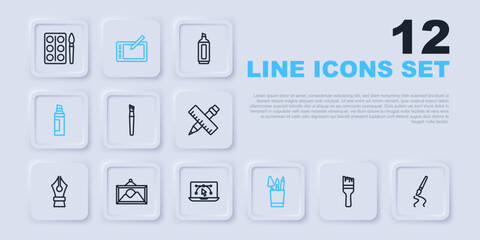 Set line Paint brush, Pencil case stationery, Marker pen, Picture landscape, Graphic tablet and Computer with design program icon. Vector