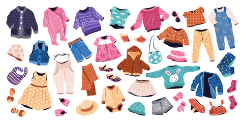 Casual clothing set for kids. Summer and spring fashion garments for boys and girls. Collection of stylish children wearing. isolated flat vector illustrations on white background.