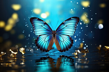 A blue butterfly flying over a body of water.