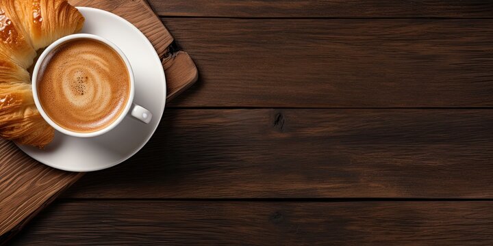 Top view of fresh puff pastry with coffee on a wooden table.
