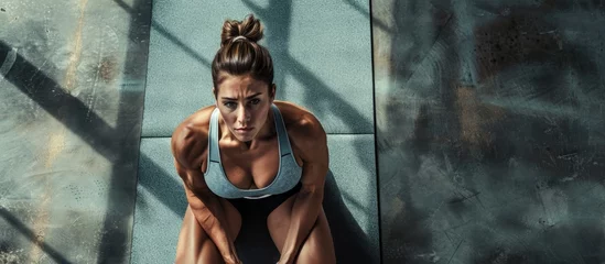 Store enrouleur sans perçage Fitness Bird's-eye view of fit female bodybuilder performing bicycle crunches on yoga mat in hardcore gym. Strong, attractive woman focused on muscle, power, and cardio.