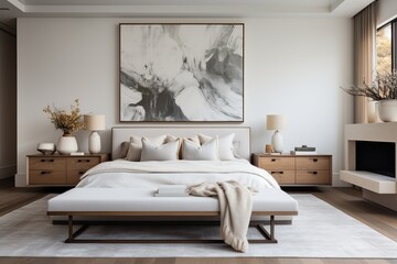 Fototapeta na wymiar Bedroom featuring a spacious bed with a clean, uncomplicated design and neutral bedding for a touch of understated elegance.