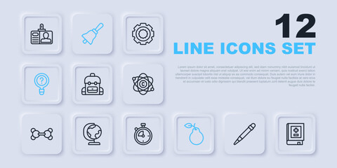 Set line Pencil with eraser, Book mathematics, School backpack, Pear, Unknown search, Earth globe, Ringing bell and Stopwatch icon. Vector