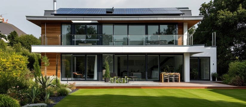 Contemporary house features solar panels.