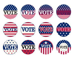 VOTE US round pin button icon set, Presidential Election, midterm, House or Senate elections,. American Election campaign style, Electoral symbols, United States of America USA Flag.
