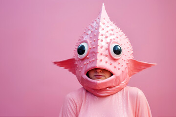 Woman wearing surreal strange fish mask on pink background - obrazy, fototapety, plakaty