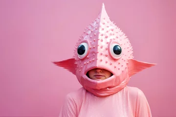 Fotobehang Woman wearing surreal strange fish mask on pink background © Kseniya