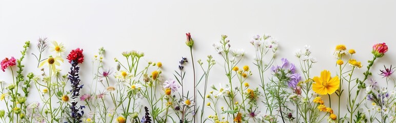 Fototapeta premium Collection of mixed wildflowers on white background. Copy space