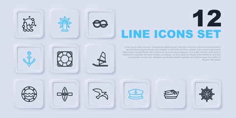 Set line Speedboat, Ship steering wheel, Lifebuoy, Captain hat, Anchor, Kayak and paddle, and Bird seagull icon. Vector