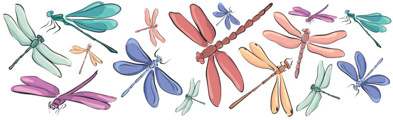 Set of colored dragonflies of different sizes and shapes, drawn with lines and color. For design, decoration, wedding invitations, cards, stickers.